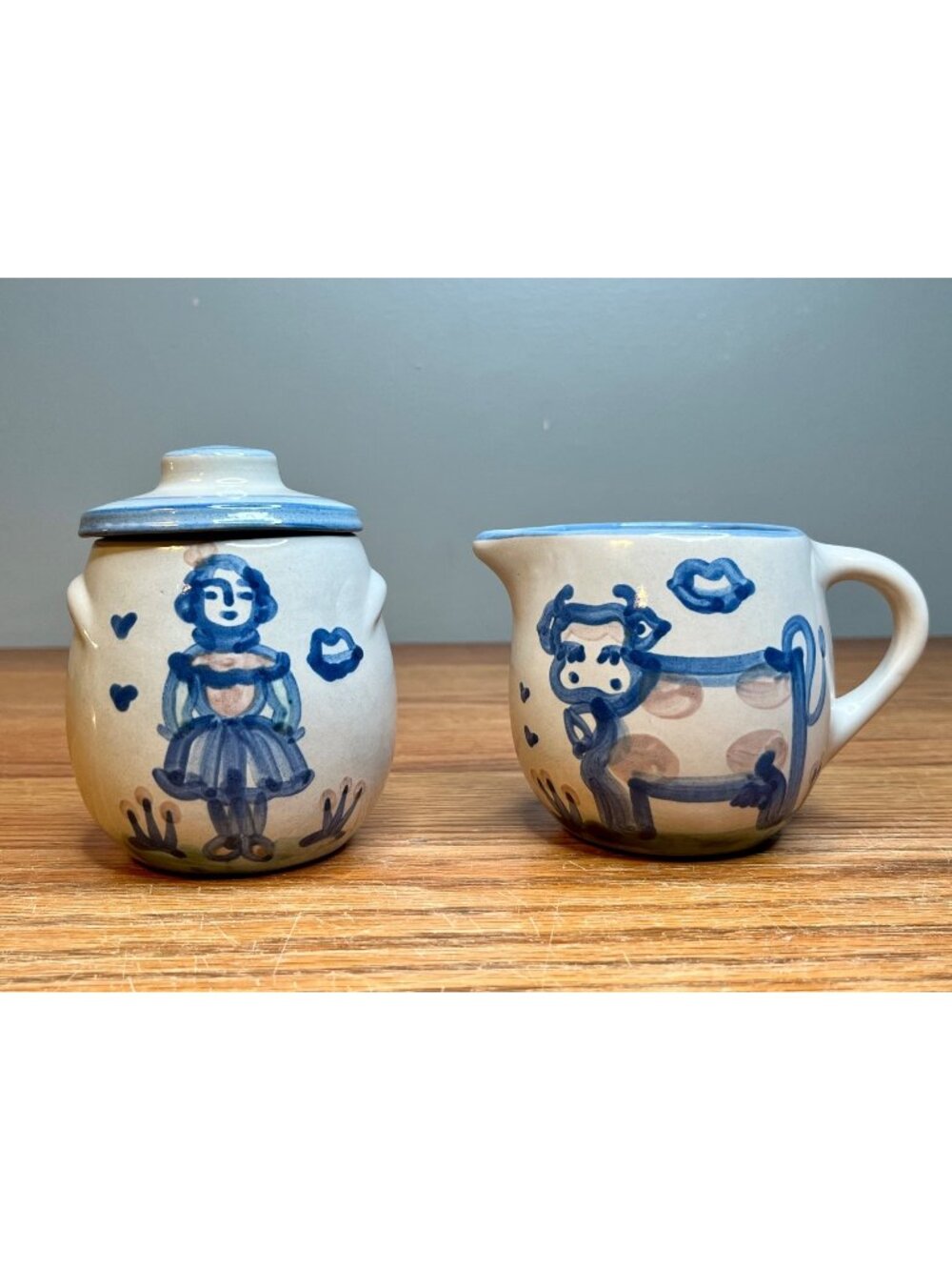 Vintage M.A. Hadley Stoneware Sugar Bowl & Creamer, Hand-Painted Farm Animal The